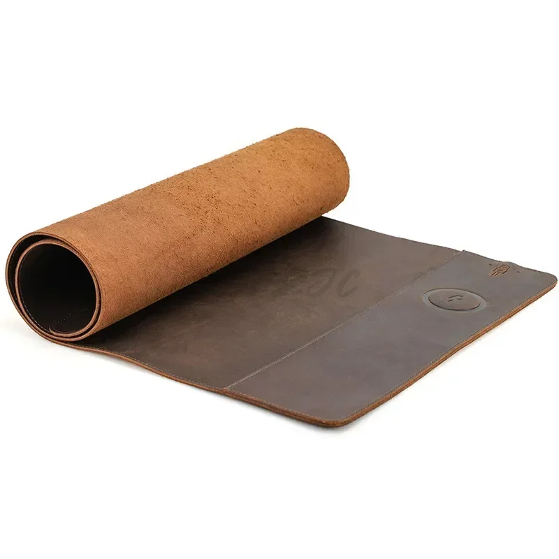 Mouse Charging Pad - ヴィンテージ牛革マウスパッド,超大型,防汚,防水ストラップ,ワイヤレス充電,レザーコンピューターデスクパッド,15W