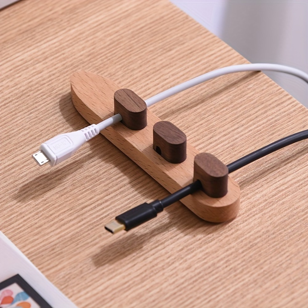Desk Cable Clip - 木製ケーブルオーガナイザー、粘着式コードホルダー、穴あけ不要のデスク用ワイヤーキーパー、無垢材USB充電ケーブルクリップ、絡み防止